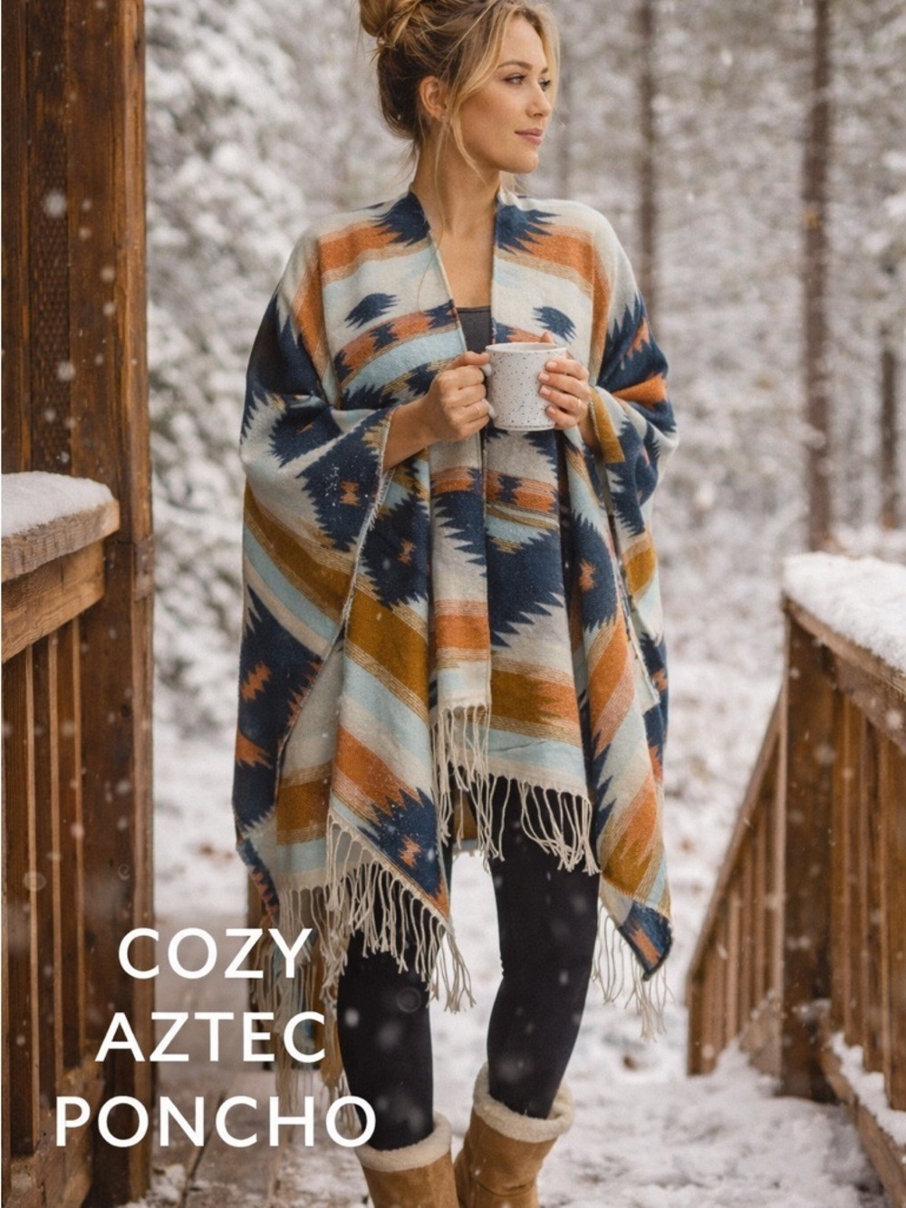 NWT Boho Aztec Fringe Poncho Shawl Wrap Ruggine Festival Cozy